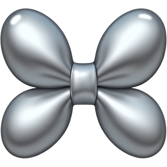 A cute bow emoji made of polished silver chrome, smooth rounded loops, glossy metallic surface, soft mirror reflections, subtle highlights, minimal and adorable proportions, iOS emoji style, centered composition, clean white background, soft studio lighting, no text, no outline, ultra high quality emoji