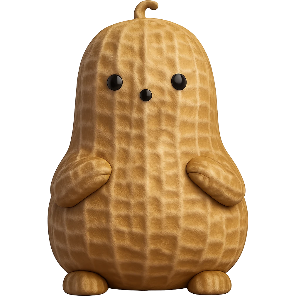 Add a realistic peanut shell texture to the 3D peanut character, keep it cute and with no facial expression, maintain transparent background. The style is 3D emoji style with a realistic peanut shell texture, cute and expressionless. emoji