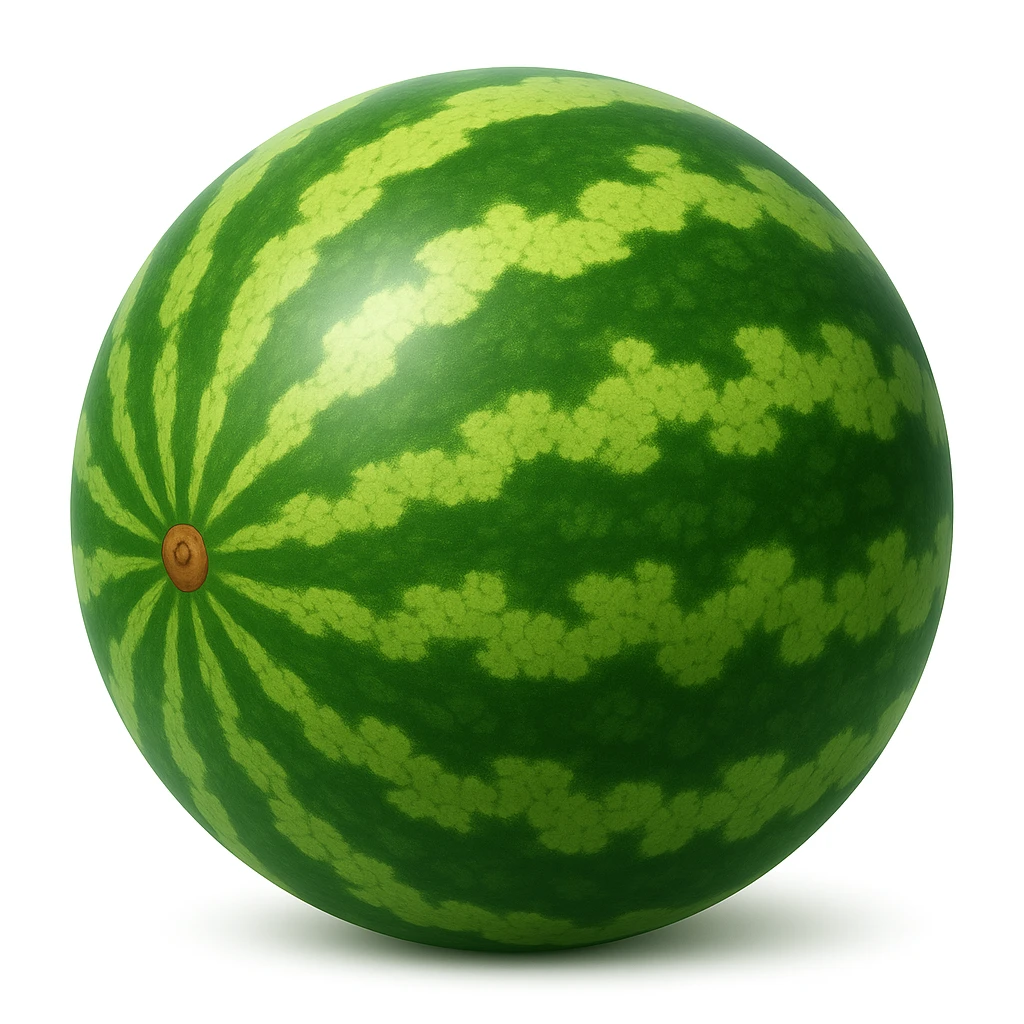Create a watermelon emoji that looks exactly like the reference image (ignore the crocodile) in the style of iOS emojis. The emoji should have a 3D appearance with shiny, smooth gradients, soft shadows, and a realistic watermelon texture, capturing the classic emoji look. emoji