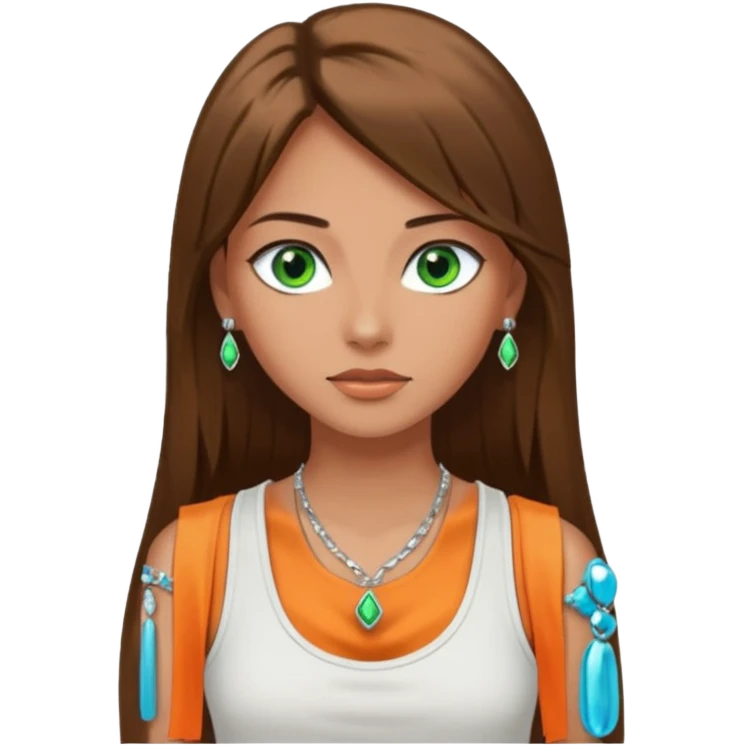 A girl with long brown straight hair, green eyes, and a white tank top; she doesn't have bangs. she wear a lot of silver jewerly tan skin emoji