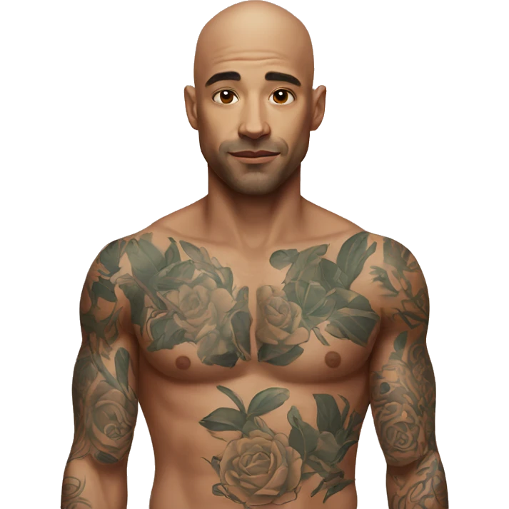 Bald man wearing tattoos on his face and chest and arms emoji