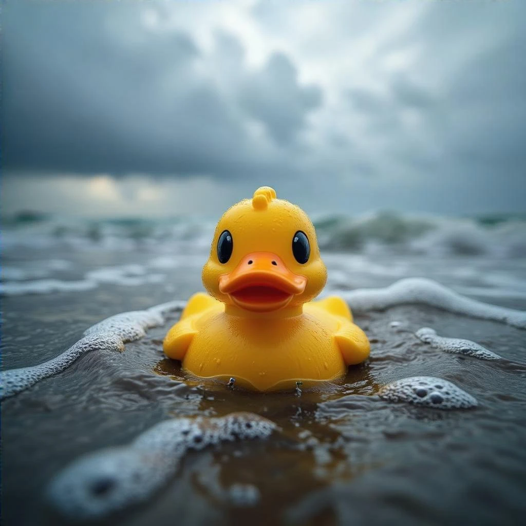 Extreme Closeup shot of Yellow duck toy on ocean during cloudy day, stormy sea, Camera from top, inspired by interstellar emoji