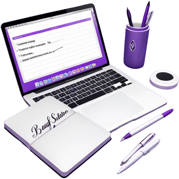top view of a MacBook and a notebook with a pen nearby, notebook with visible notes, MacBook screen showing a beauty salon logo on a purple background emoji