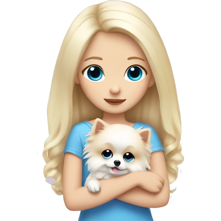 Blond girl white skin blue eyes hugging white Pomeranian with light pink bow emoji