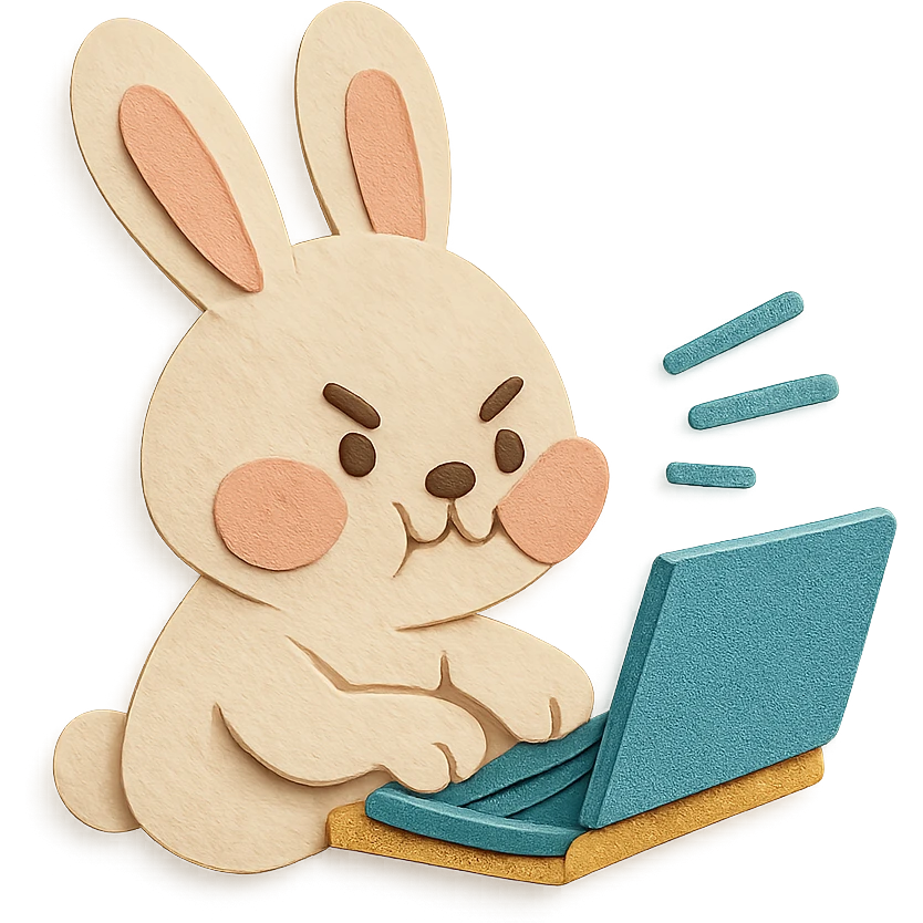 vanilla bunny typing fast, cheeks puffed, paper-craft style emoji