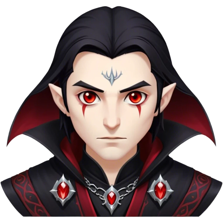 Cinematic Realistic WoW Vampire Mage Portrait, head tilted epicly and inquisitively, showcasing a commanding presence and ancient arcane mastery. His pallid skin and sleek dark hair are set against the intricately detailed black robe—with silver accents and mystical runes—that remains consistent in its shadowed elegance. His piercing crimson eyes blaze with forbidden power, rendered with dramatic, lifelike clarity and high shine, epic and awe-inspiring. emoji