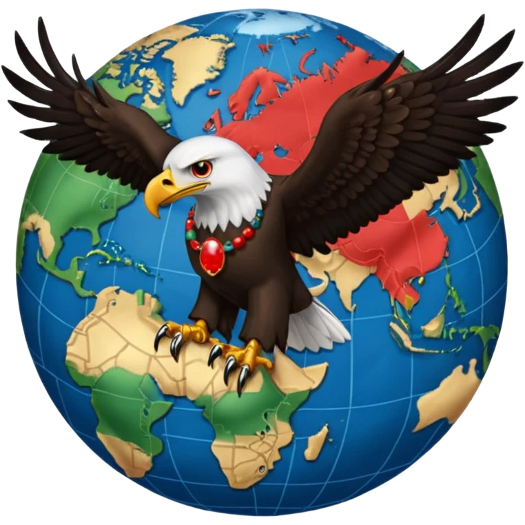 Fully black eagle with red mala bead necklace, the eagle's head facing the left with a single eye visible, wings spread full length, standing over an earth emoji with the African continent centered on the earth emoji. Replace the eye of the eagle with a Japanese Yen currency symbol. emoji