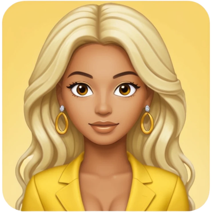 Beyonce brown eyes, long platinum blonde hair, yellow outfit with earrings emoji