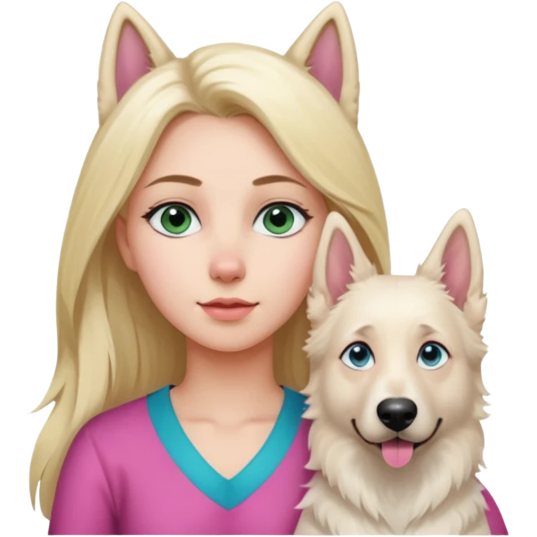 White European young woman with blue-green eyes and long blond hair with her white German Shepherd dog,the Dog has a pink nose and short fur  and Brown eyes emoji