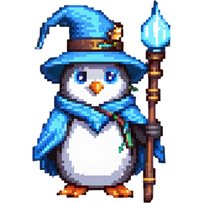 penguin wizard with a pointy hat and magic staff emoji