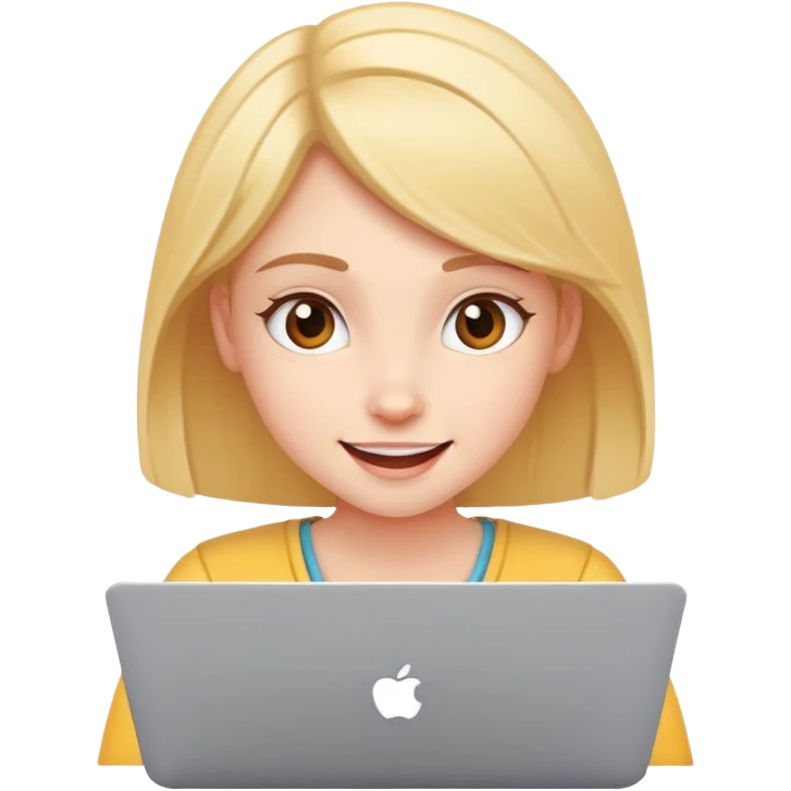 girl video editor facing a laptop, cheerful expression emoji