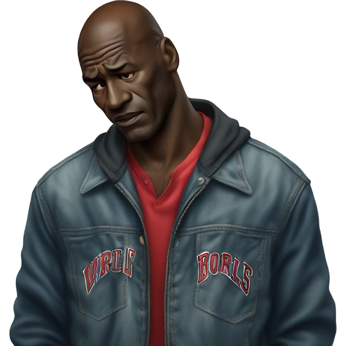 Michael Jordan in a jacket holds his head and is sad photorealistic serious emoji