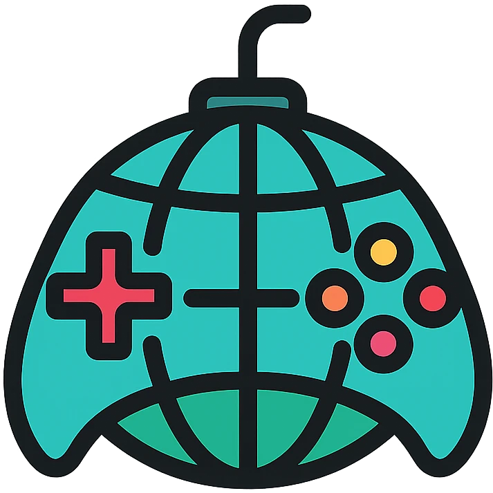 icon style of a stylized gaming controller with the main surface as a globe with meridians emoji
