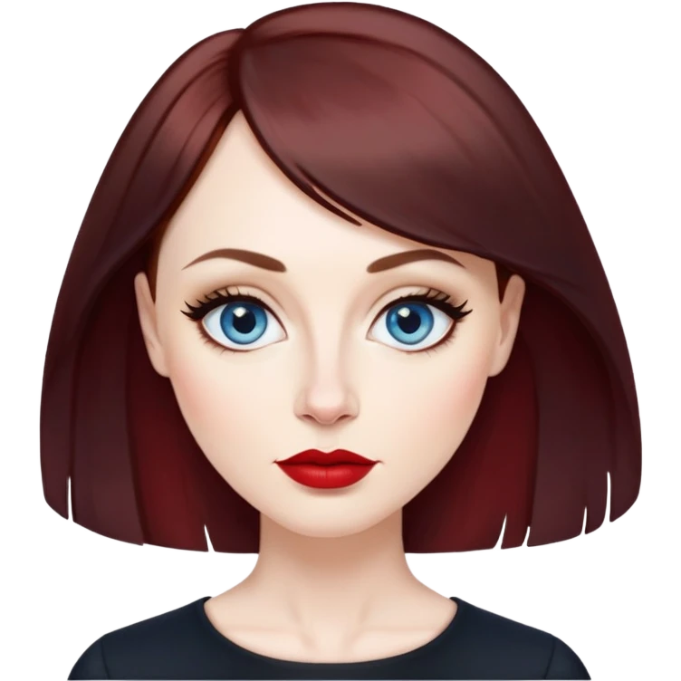 Artistic woman in her 40s with pale skin, oval face, large expressive blue eyes with eyeliner, thin arched eyebrows, small nose, full lips with red lipstick, dark auburn hair that's straight with slight waves at ends, straight bangs, wearing a black top, warm creative expression emoji