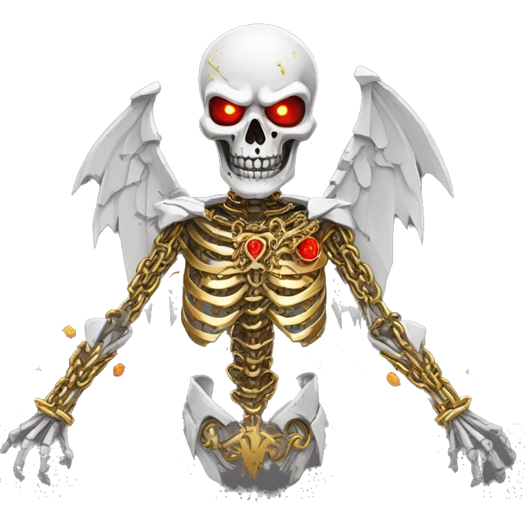 White skeleton zombie person covered in golden chains and black graffiti scribbles and red and silver doodles wings made of neon lightning snowing snowflakes emoji