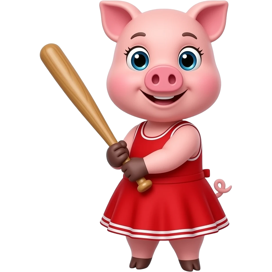 A pig with a red dress and holding a baseball bat emoji