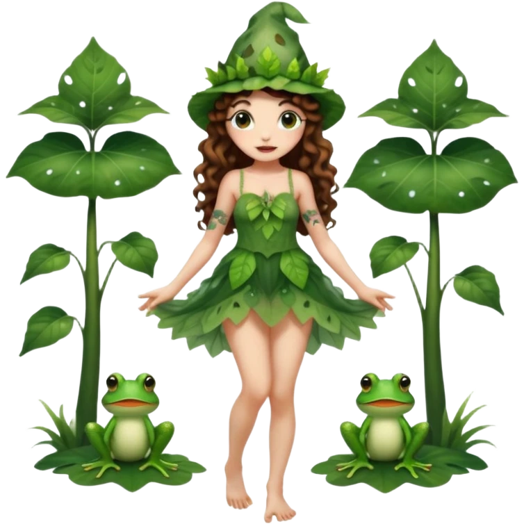 full body woman long curly brown hair brown eyes white skin tattoos wearing cute frog hat and sheer leaf dress, barefoot, flirty forest fairy pose emoji