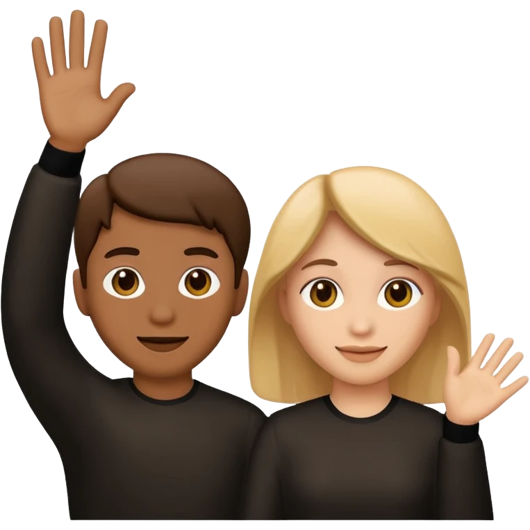 two characters seen from behind, waving emoji style emoji