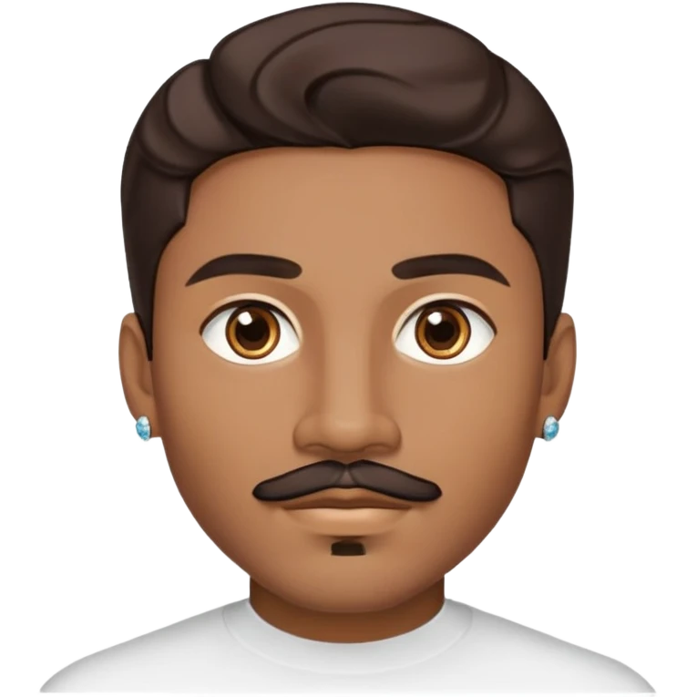 Young man with medium brown skin, mixed-race ethnicity, long wavy dark brown hair with an EXTREMELY PRECISE CENTER PART exactly aligned with the middle of the face, hair parted perfectly symmetrically on both sides, mustache separated from goatee, medium brown eyes, small diamond stud earrings, head only emoji