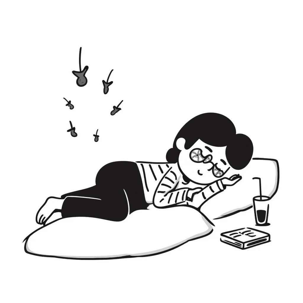 Hand drawn girl sleeping with cucumber slices on eyes and face mask, self care night emoji