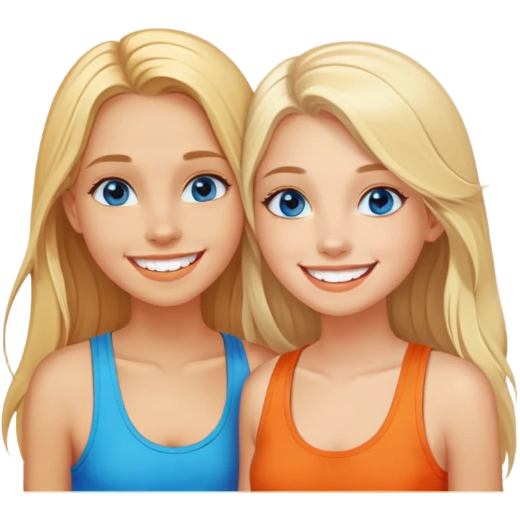 Two girls both have long blonde hair standing cheek to cheek on a beach with one girl wearing an orange shirt and the second girl wearing a tank top both have bright white teeth and smiling both have beautiful blue colored eyes emoji