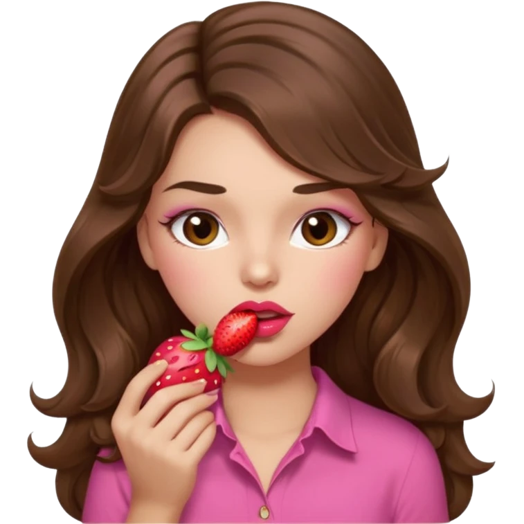 girl with long wavy brown hair, brown eyes, light to medium complexion, in a pink shirt, pink lips, long lashes, sexy , puckering lips kissing, blushing, eating a strawberry sexy emoji