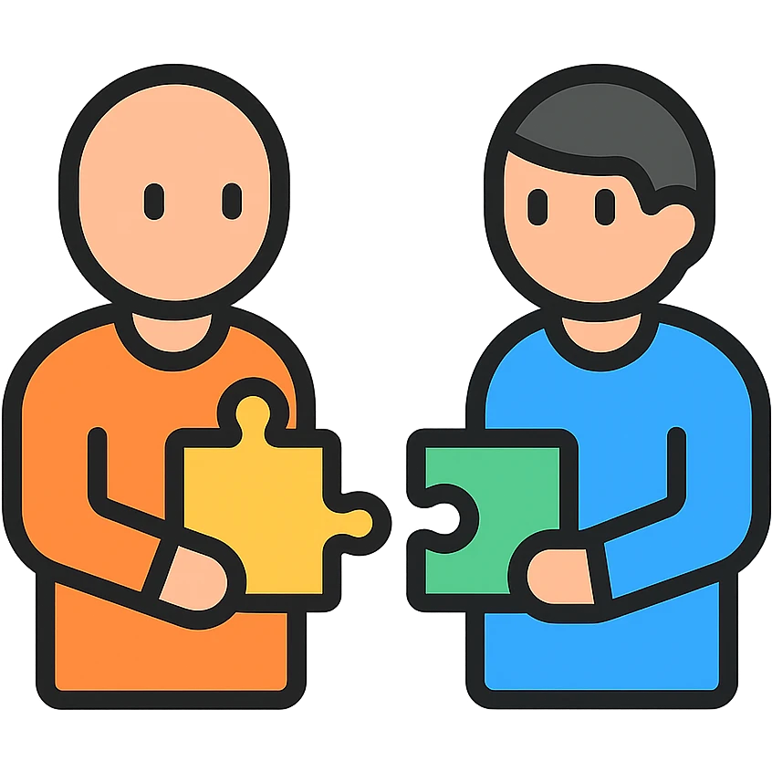two people exchanging puzzle pieces symbolizing teamwork and information sharing emoji