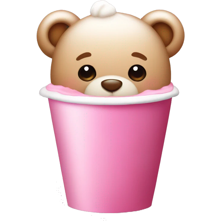 Cute teddy bear with a pink bow drinking a pink foam latte  emoji