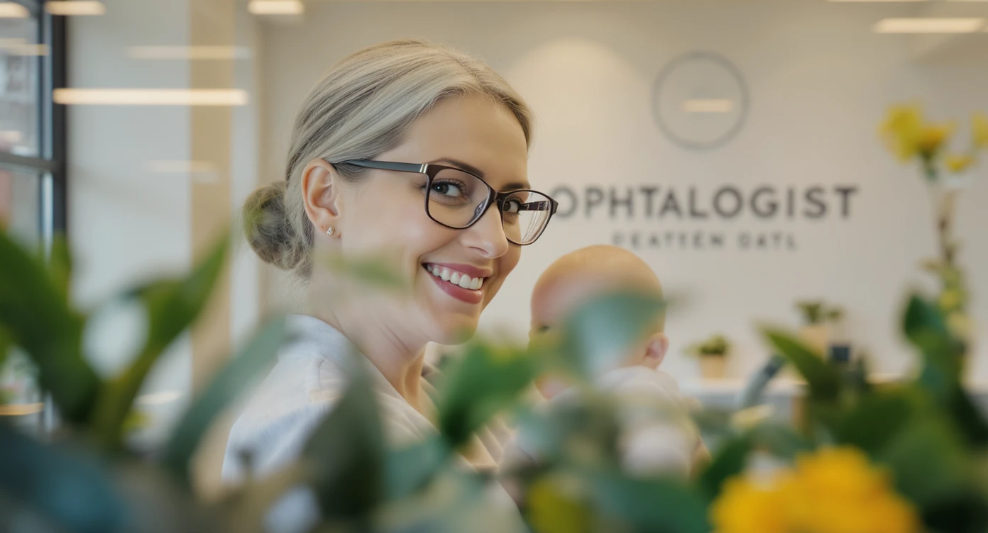 Cinematic still, blurred plants in the foreground (frame within a frame), Proffesional advertising of a smiling european white woman with glasses smiling holding baby, minimalistic ophthalmologist interior in background, leading  lines, "rule of thirds", 60/30/10 colors, soft light, warm colors emoji
