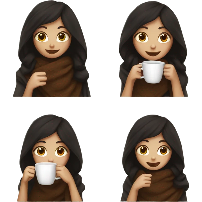 girl with dark hair drinking coffee in a blanket emoji