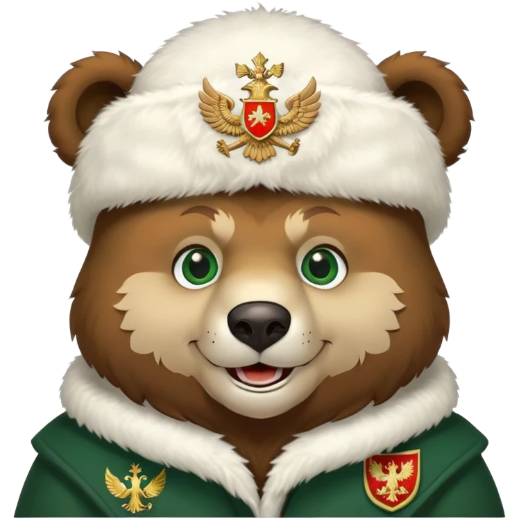 Grinning Russian bear with forest green eyes, fluffy white ushanka hat adorned with double-headed eagle coat of arms emoji