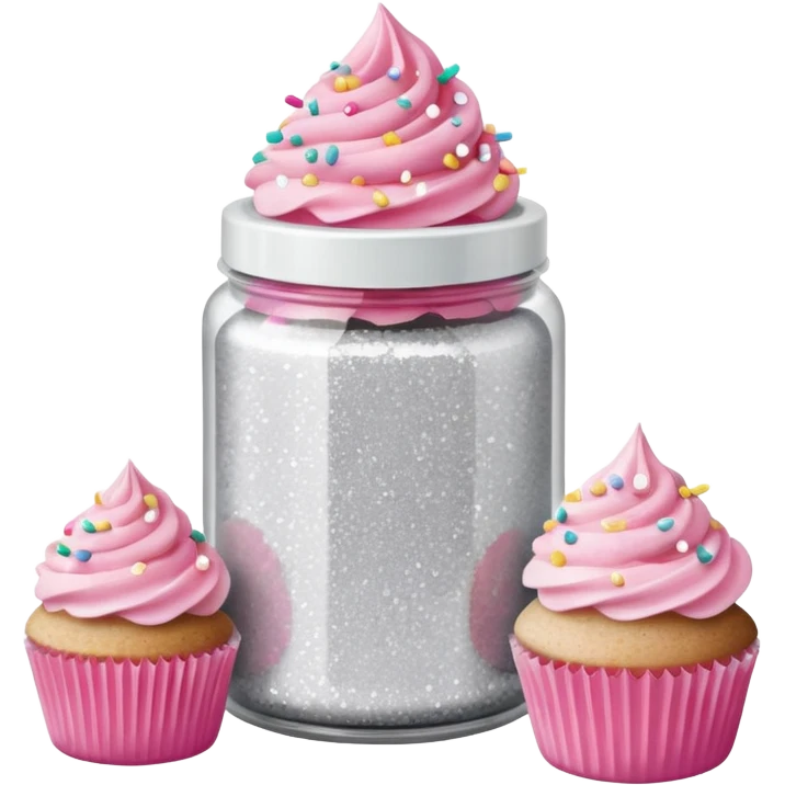 silver glitter in a small clear circular container with white lid next to a can of sprinkles and pink cupcakes  emoji