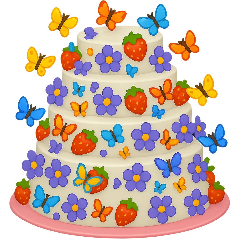 Add small colorful butterflies to the white wedding cake with strawberries, blue and purple flowers, no topper. Style: emoji style. Remove background. emoji