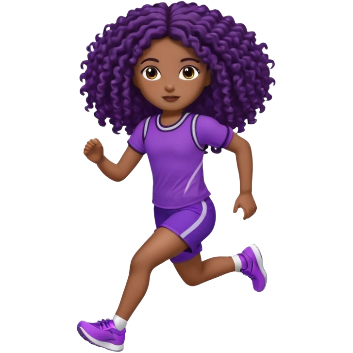 Uma boneca morena escura com olhos castanhos e cabelo cacheado longo até o peito, treinando correndo a roupa top roxo com detalhes preto e short roxo com detalhes preto emoji
