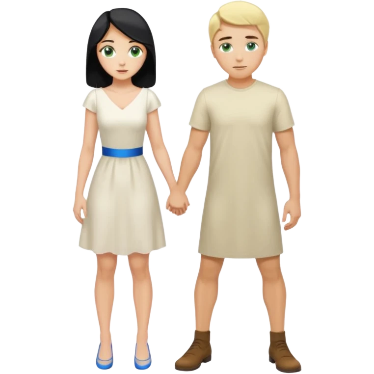 Man, black Hair, blue eyes, whole body, Woman, blonde, green eyes, White Dress, bending knees emoji
