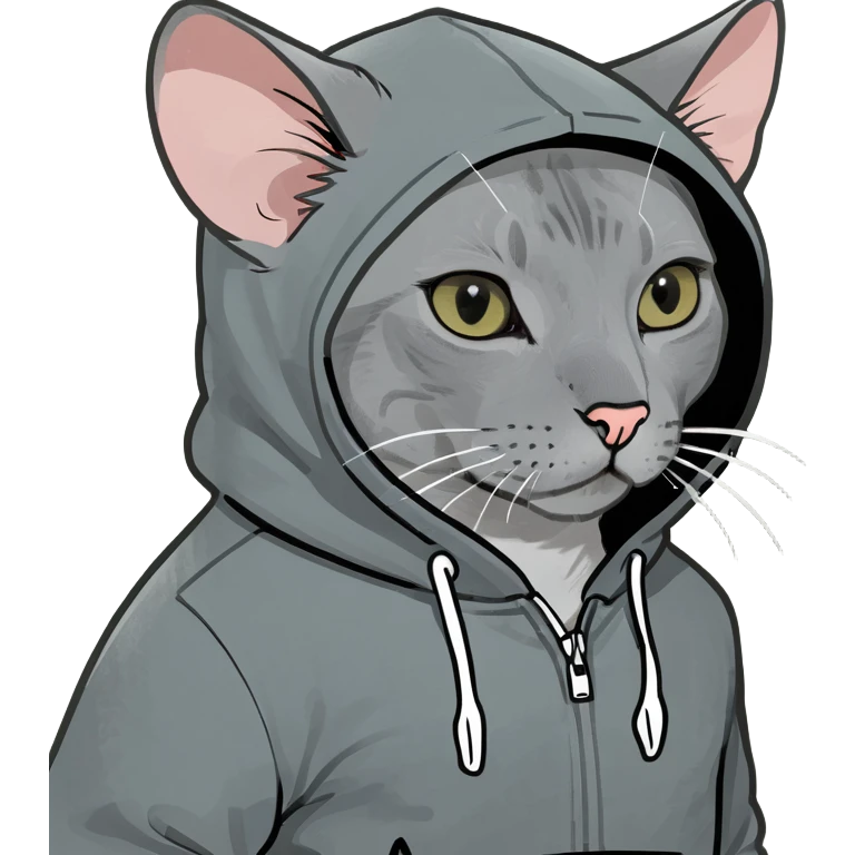 Russian blue cat with a mouse wearing a hoodie emoji