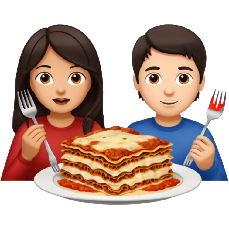 tan girl with dark hair and white guy with dark hair both with forks eating lasagna emoji
