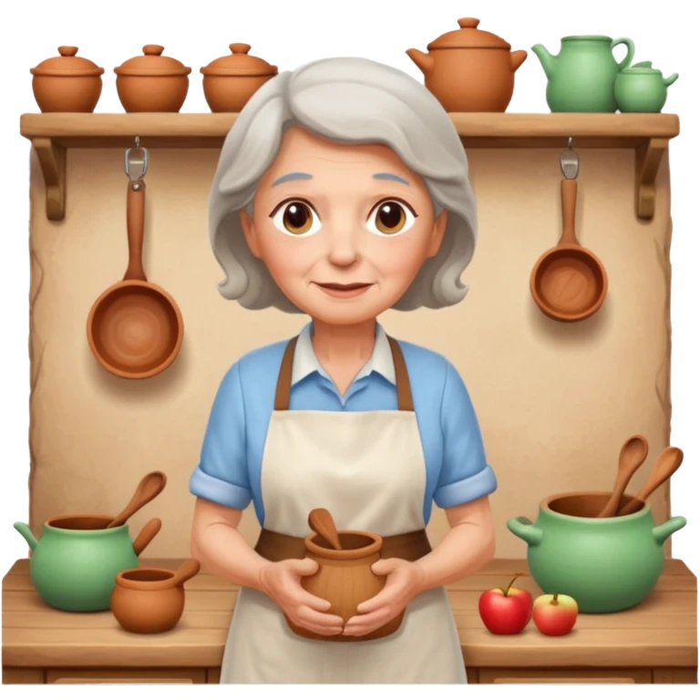 cartoon Apple iOS emoji style rural elderly woman, pastel colors, Chilean wooden kitchen background, clay pots, warm light, detailed and clean vector art emoji