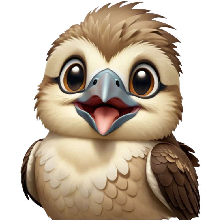Cinematic Cute Yawning Kookaburra Portrait Emoji, Head tilted slightly with a dramatic, wide-open yawn, showcasing a soft, downy brown plumage with gently drooping wings and a relaxed beak, round eyes barely open in drowsy contentment, Simplified yet irresistibly adorable features, highly detailed, glowing with a soft, cozy glow, high shine, relaxed yet expressive, stylized with a touch of bushland charm, bright and endearing, soft glowing outline, capturing the essence of a sleepy yet affectionate kookaburra, so drowsy it feels like it could flutter out of the screen and curl up for a nap! emoji