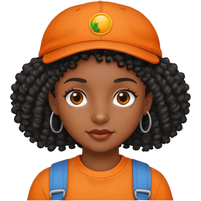 Black girl with curly mullet and a cap on in an orange shirt  emoji