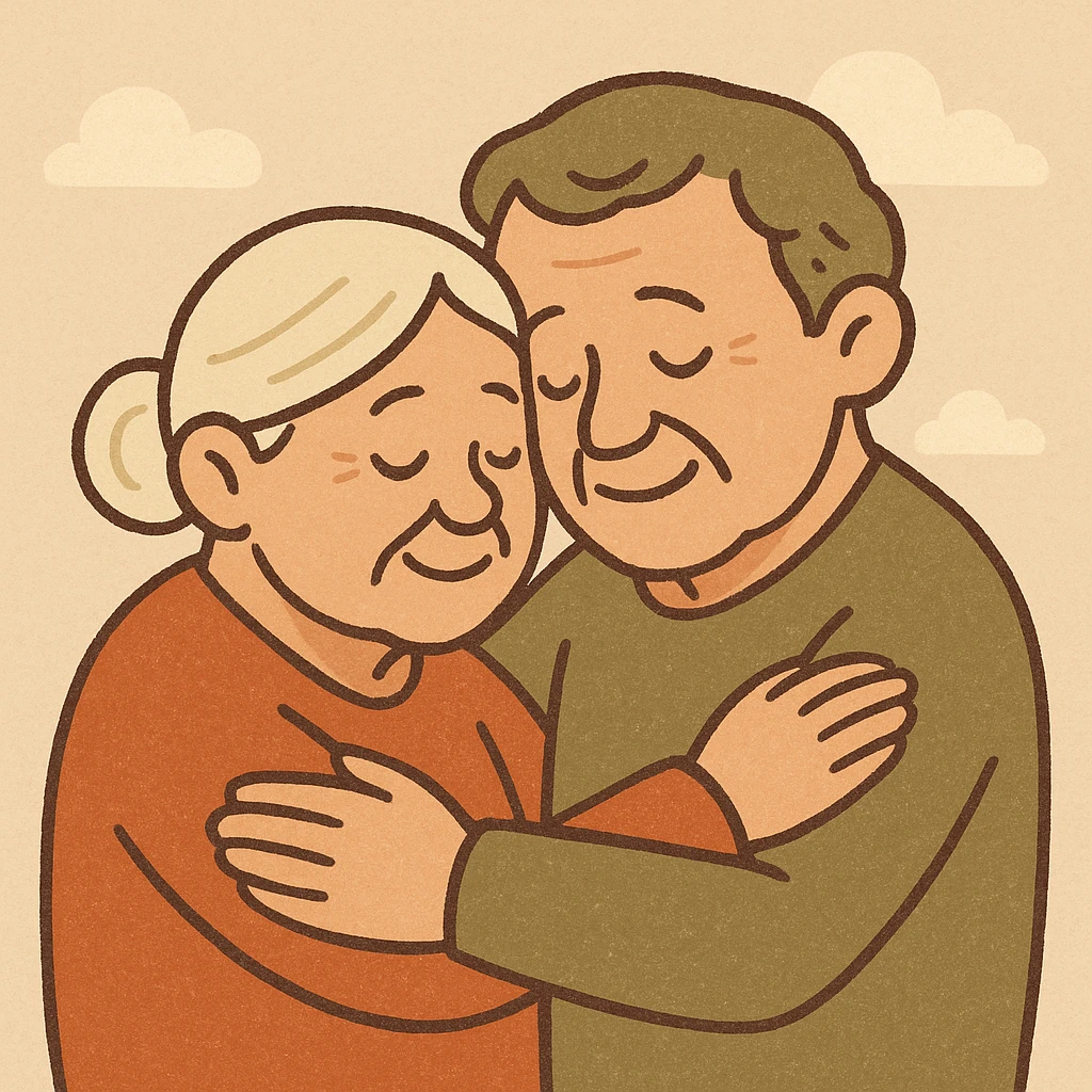 elderly couple embracing, no glasses, gentle and loving, minimal background emoji