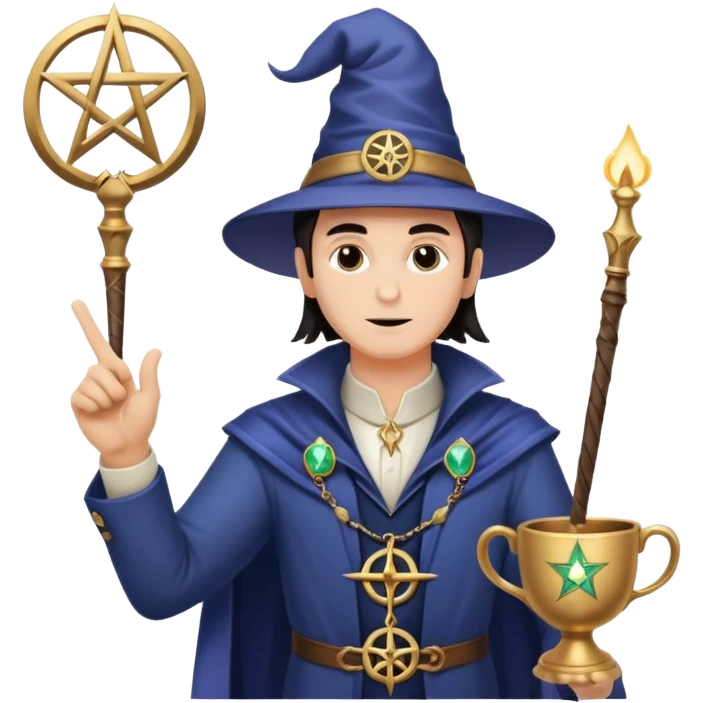 tarot card featuring The Magician, mystical figure with one hand pointing to the sky and the other to the earth, surrounded by symbols of the four suits wand cup sword pentacle, magical and empowering atmosphere emoji