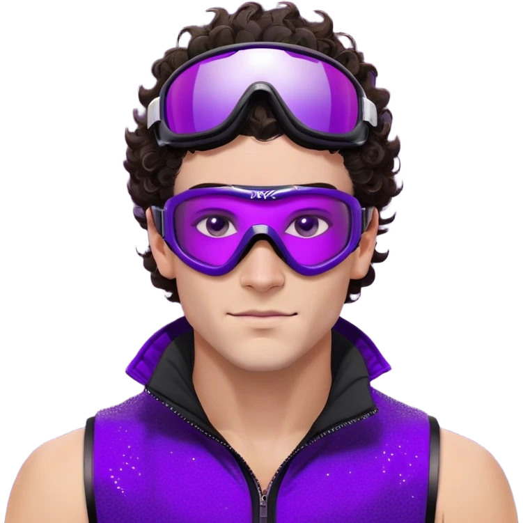 close-up of cool guy male athlete with white skin and moderately curly dark brown hair on top with shaved sides, with one purple ski goggle lens pushed up above his eyes on his forehead, with an arrogant smug smirk on his face, wearing only a plain black chain necklace around his neck, and a completely unzipped sleeveless vest with purple and black sequin fire pattern design with no logo, clearly showing he is shirtless underneath with exposed chest and abs emoji