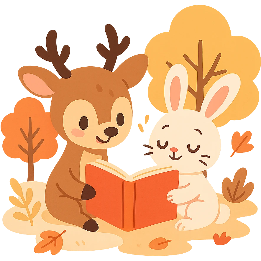 cute deer and bunny reading together in a soft autumn forest scene, pastel-toon style emoji