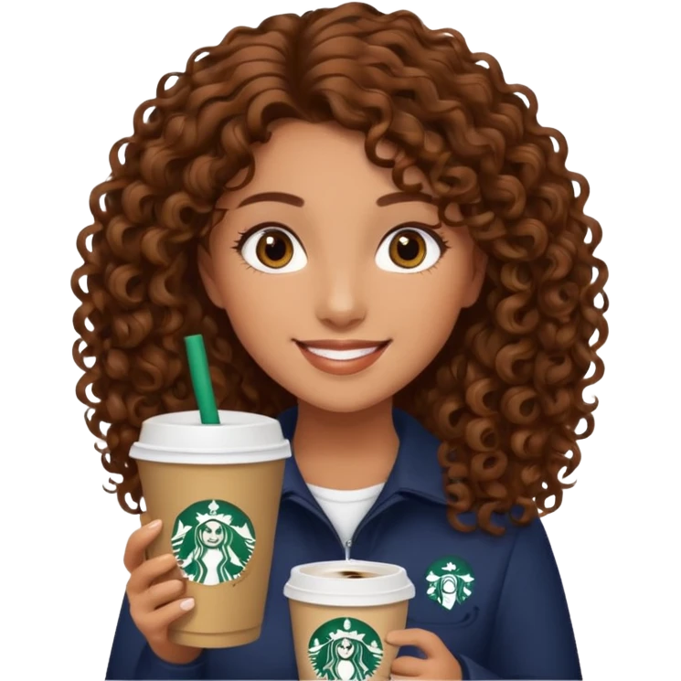 Girl, brown curly hair and brown eyes, Starbucks emoji