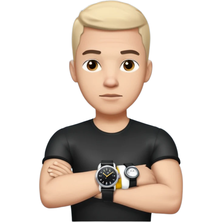 man wearing a black strap watch on his wrist portrait, head and shoulders only, wrist clearly visible, black leather strap watch worn on arm, confident expression, 3D cartoon, mobile game icon style, clean background, no text, no watermark
 emoji