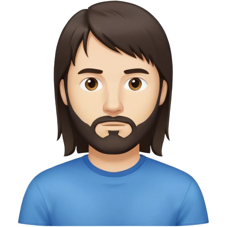 Caucasian Argentine man with long straight dark brown hair, loose hairstyle with bangs, shoulder-length hair, short full beard, serious-neutral expression, basic blue t-shirt emoji