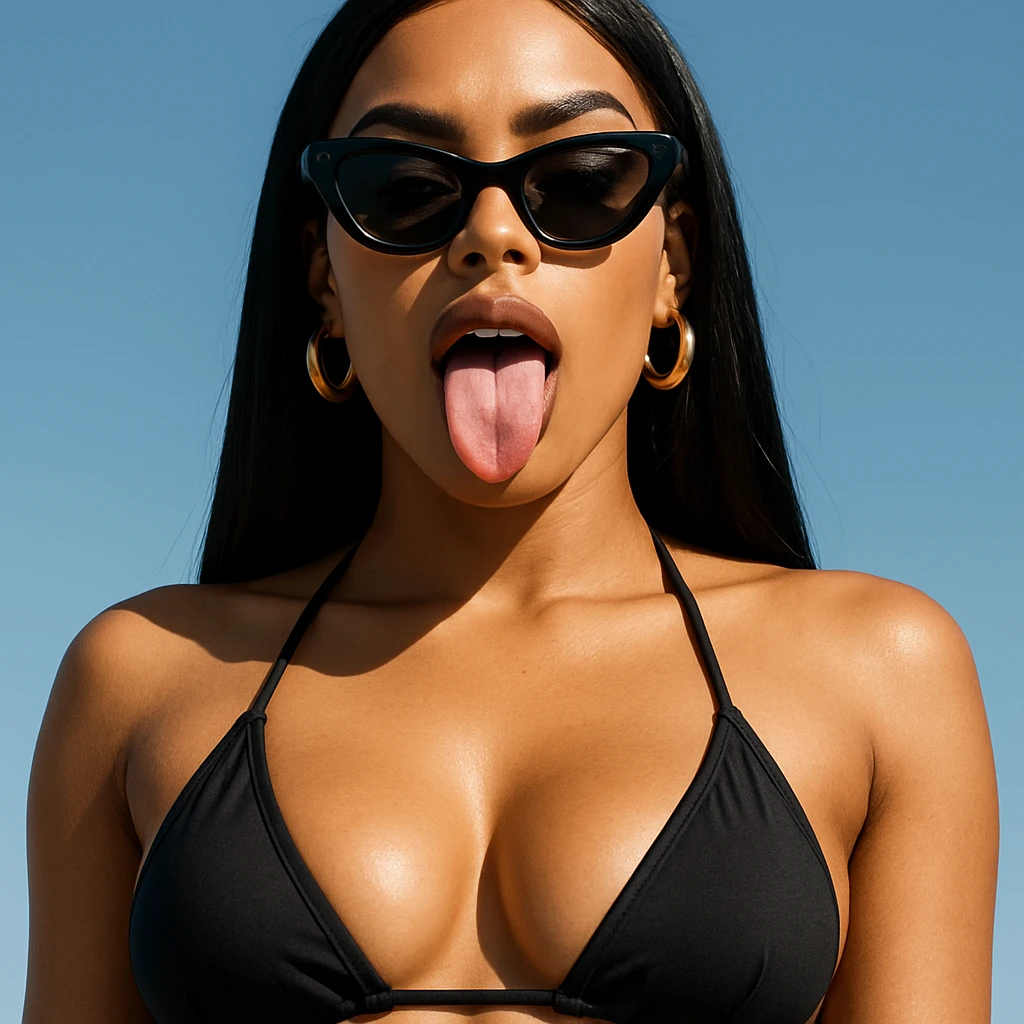 baddie in a bikini, sunglasses, tongue out emoji