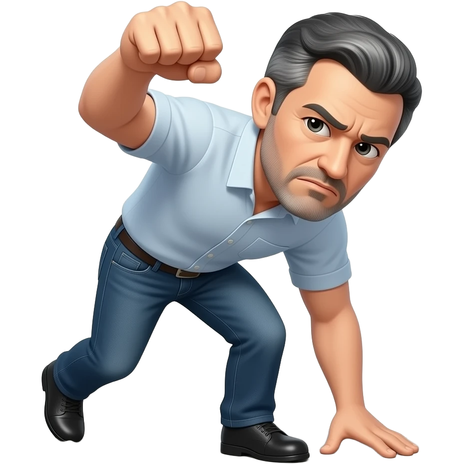 Mitte vierzig jähriger alter Mann. Grau,schwarze Haare. Versucht anzugreifen und ernst zu wirken, scheitert aber und verliert das gleichgewicht emoji