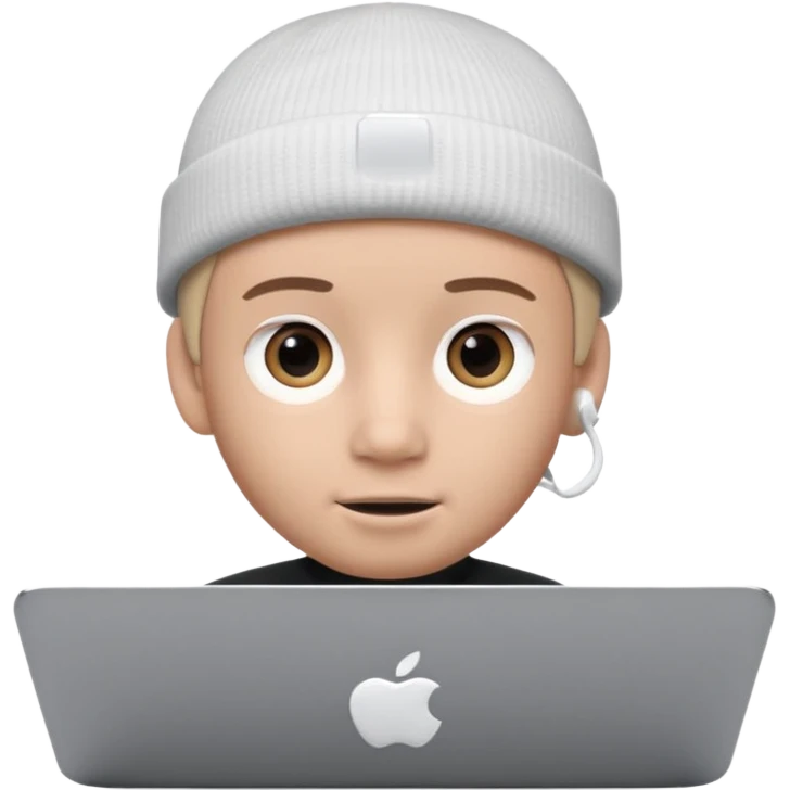 Apple Memoji–style 3D avatar, front-facing, centered.
Young male wearing a dark beanie and white AirPods, behind a silver laptop.
Big expressive eyes, smooth cartoon skin, soft lighting, white background, high quality. emoji